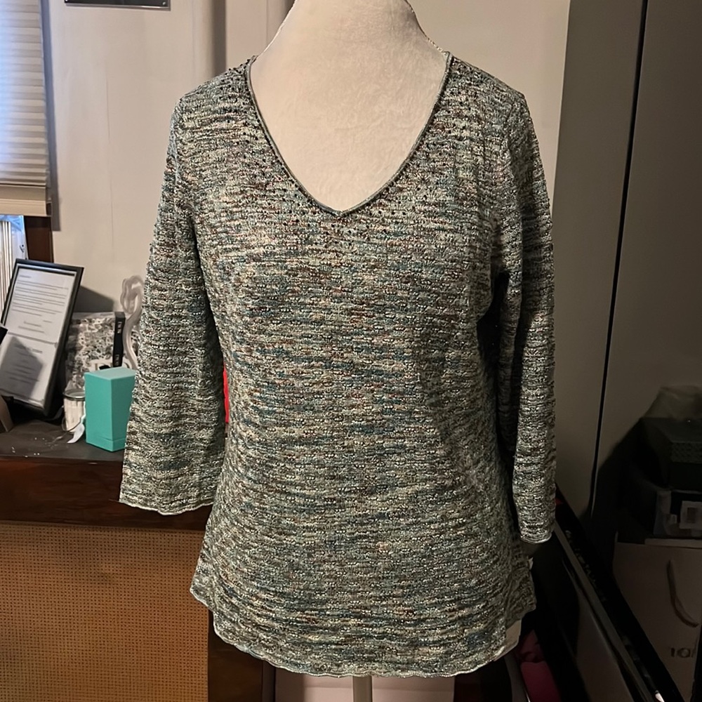 JH collectibles large 3/4 length sleeve sweater blue gold brown w/beaded accent